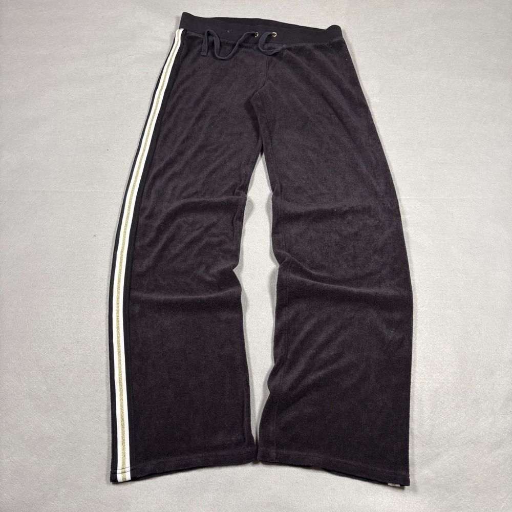 Juicy Couture Black Label Velour Wide Leg Track Pants Side Stripe Black XS